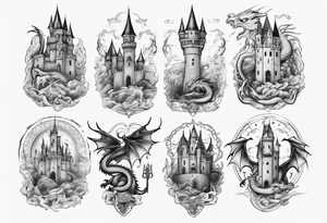 dragons protecting a castle tattoo idea