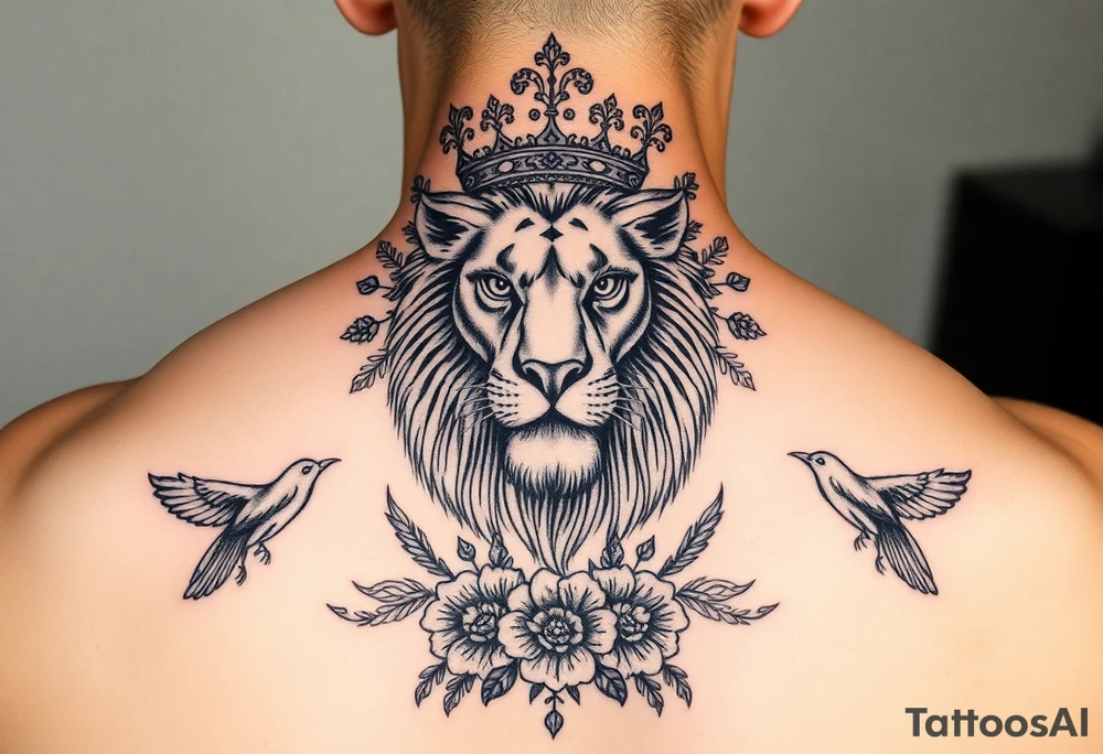 powerful majestic lion with a crown, surrounded by floral ornaments and birds tattoo idea