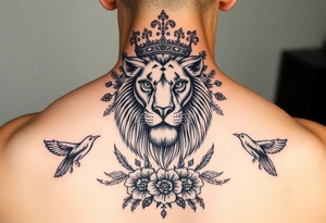 powerful majestic lion with a crown, surrounded by floral ornaments and birds tattoo idea