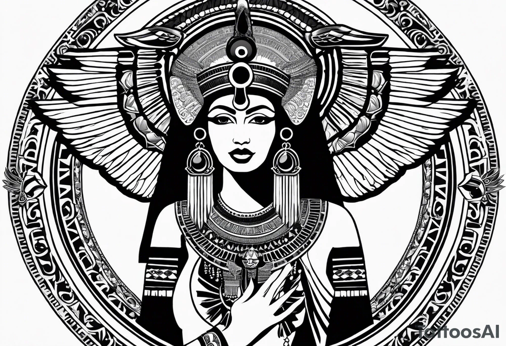 black and white Egyptian goddess Isis, who is often depicted as a woman with outstretched wings, holding an ankh (a symbol of life) in one hand and a lotus flower in the other. Her headdress often includes a throne or a solar disk. The tattoo design can vary in style and size, but it typically aims to capture the essence of this revered Egyptian deity, emphasizing her beauty, power, and maternal qualities. The choice of colors and additional elements can also be customized to create a unique and visually striking representation of the goddess Isis tattoo idea