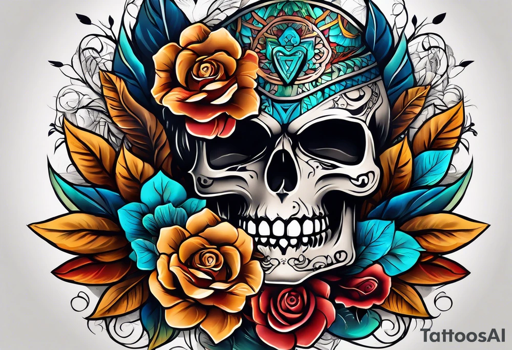Front knee tattoo with fall colors, small flowers, rose, mayan style skull, leaves, blue water flows with washes and background tattoo idea