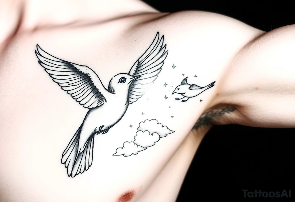 Dove and a blue jay, clouds, shining light to or from heaven tattoo idea