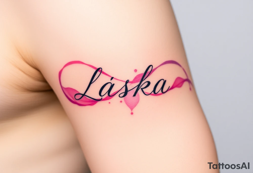 A watercolor infinity design in pastel pink and purple hues, with "Láska" softly blending into the curves, creating a dreamy effect tattoo idea