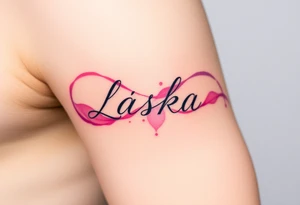 A watercolor infinity design in pastel pink and purple hues, with "Láska" softly blending into the curves, creating a dreamy effect tattoo idea