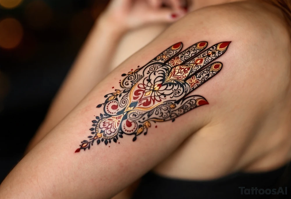 A Moroccan-style Hamsa with intricate arabesque patterns in rich red and gold, reflecting cultural heritage. tattoo idea