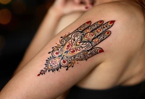 A Moroccan-style Hamsa with intricate arabesque patterns in rich red and gold, reflecting cultural heritage. tattoo idea