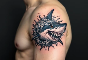 angry powerful shark tattoo with cool water stuff around it tattoo idea