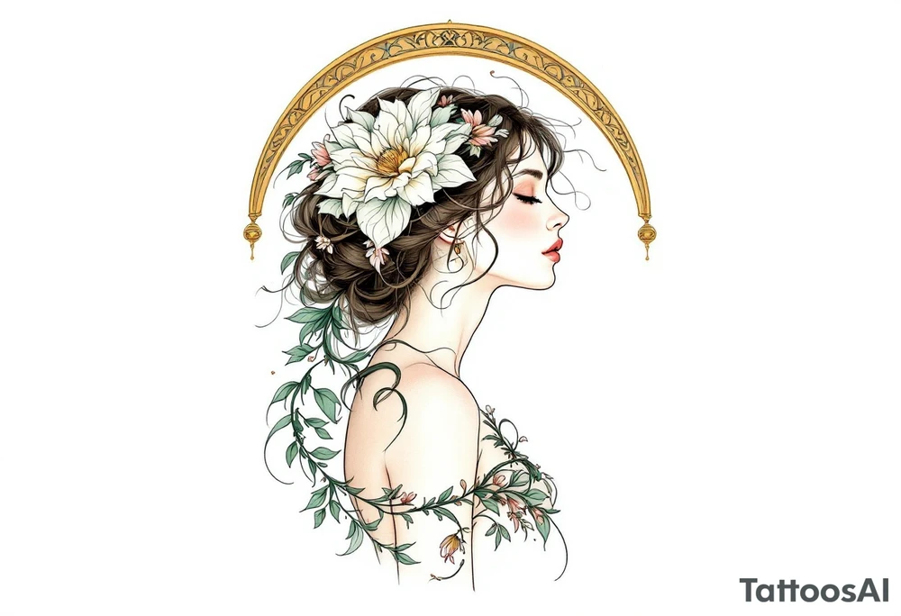 Alfons Mucha’s dreamy portrait of a woman with flowers in her hair, posed against an ornate arch in aged brass and soft sage. tattoo idea