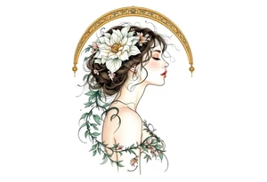 Alfons Mucha’s dreamy portrait of a woman with flowers in her hair, posed against an ornate arch in aged brass and soft sage. tattoo idea
