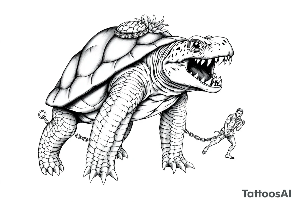 A giant walking 2 slaves on a chain leashan angry turtle with huge teeth with a little man riding on his back tattoo idea