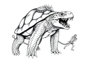 A giant walking 2 slaves on a chain leashan angry turtle with huge teeth with a little man riding on his back tattoo idea