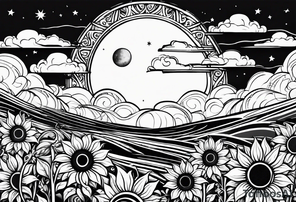Sunflowers sun and moon tattoo idea