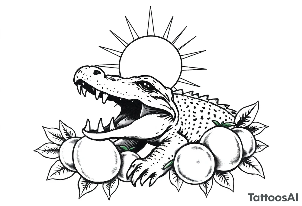 can you do another post stamp florida themed design with a gator the sun and oranges in a traditiona style tattoo idea