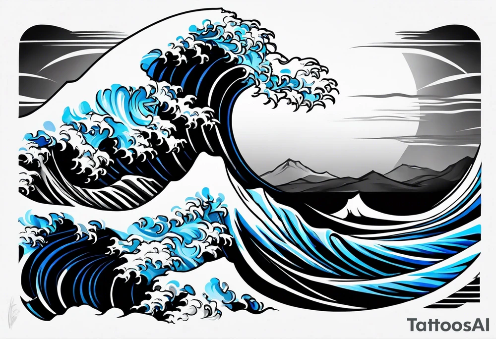 Full sleeve waves black with blue accent struggle perseverance tattoo idea