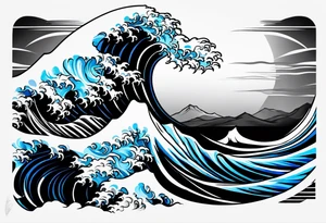 Full sleeve waves black with blue accent struggle perseverance tattoo idea