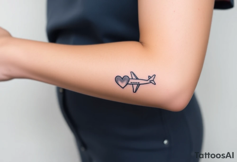 Minimalist tattoo for women who love travel and science, make feminine. For forearm. Should be small, aeroplane and heart tattoo idea