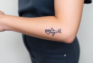 Minimalist tattoo for women who love travel and science, make feminine. For forearm. Should be small, aeroplane and heart tattoo idea