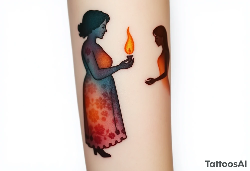 Silhouette of grandmother, mother and daughter passing a flame from oldest to youngest with the flame growing as it goes. tattoo idea