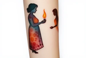 Silhouette of grandmother, mother and daughter passing a flame from oldest to youngest with the flame growing as it goes. tattoo idea