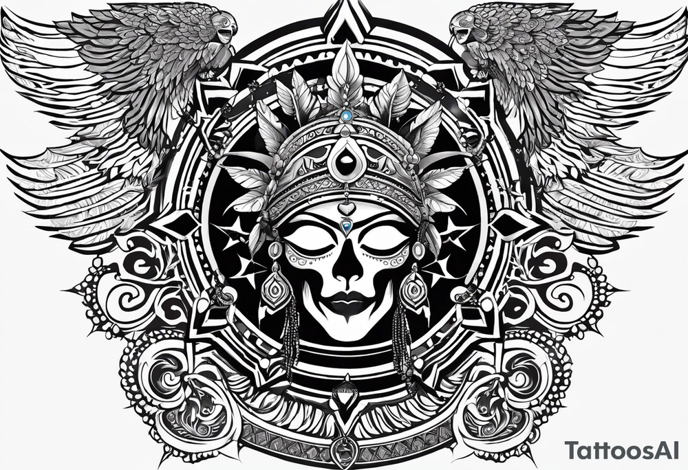 black kali, goddess pirate, alien, angel, pachamama, valkrye, warrior, flying, skull, lotus azul, wing, eagle, zenza resonance, stars, 5D, anahata chakra, death, durga tattoo idea