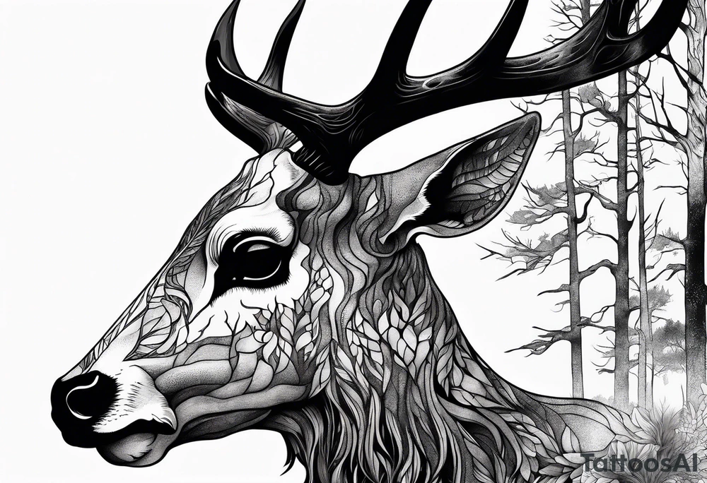 A side profile of decayed deer skull in a forest fire tattoo idea