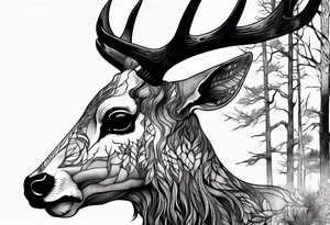 A side profile of decayed deer skull in a forest fire tattoo idea