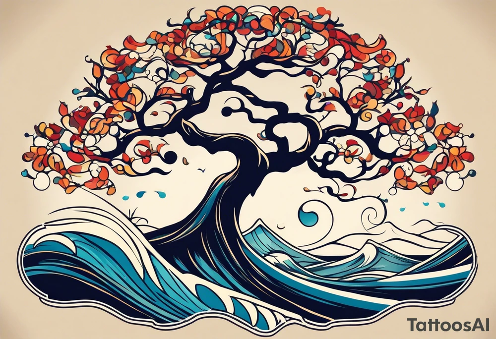 an abstract Tree of Life tattoo. It should have roots growing out of the bottom. The roots slowly turn into water from the Great Wave by Hokusai. A golf flag should be placed discreetly growing out of the ground. 2 license plate tags should be hanging from the tree. Place a few music notes in the areas the leaves should be. The letters A U should be engraving into the tree trunk in a heart. Not inside a circle. The overall shape of the tattoo should be organic. Black and white only. tattoo idea