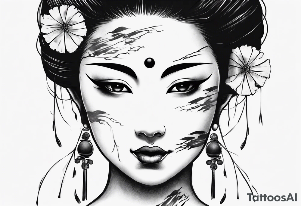 geisha face with two eyes closed and third realistic eye looking at you tattoo idea