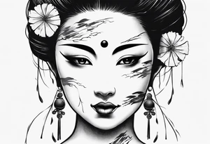 geisha face with two eyes closed and third realistic eye looking at you tattoo idea