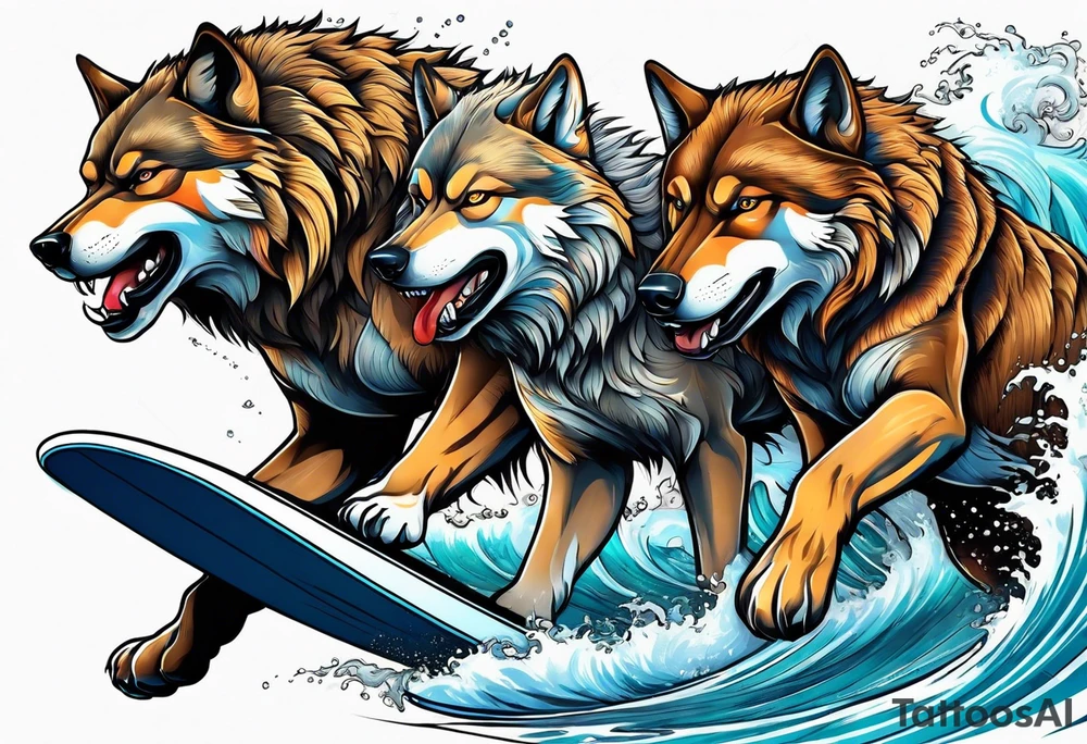 a pack muscular of wolves surfing tattoo idea