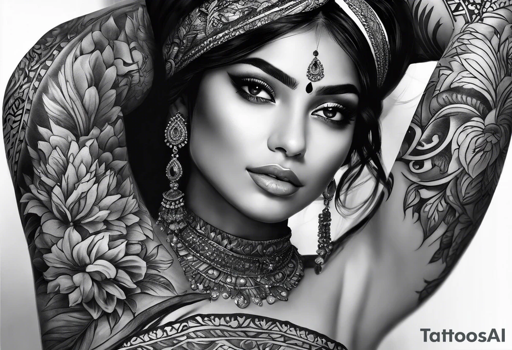 Please design a full sleeve tatto starting on my hand with a beautiful indian woman going up my arm will be her hair wrapping around my arm mixed with floral tattoo idea