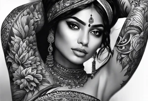 Please design a full sleeve tatto starting on my hand with a beautiful indian woman going up my arm will be her hair wrapping around my arm mixed with floral tattoo idea