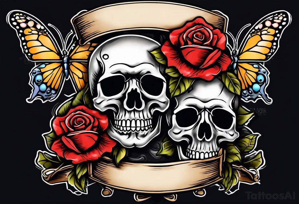 sailor jerry with skulls roses and butterflies tattoo idea