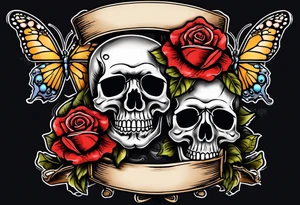 sailor jerry with skulls roses and butterflies tattoo idea