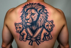 Lion wearing a Brazilian jiu jitsu gi as a person would along side his two cubs who are wearing the jiu jitsu gi as well. The surrounding area is the sarenghetti tattoo idea
