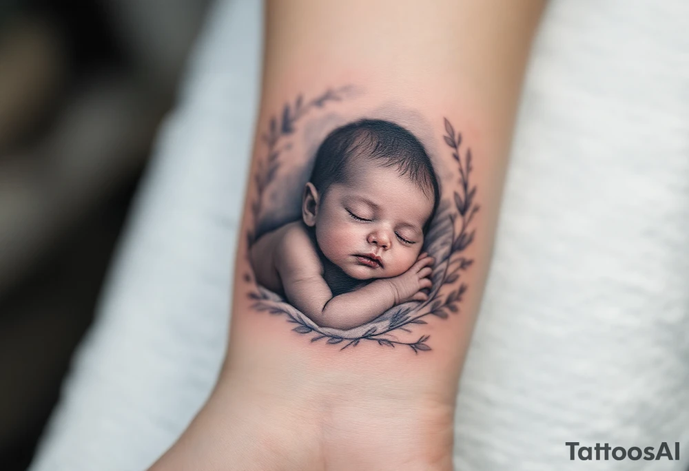 A realistic portrait of a sleeping baby boy in black and grey, with a soft blue background fade. tattoo idea