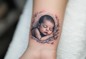 A realistic portrait of a sleeping baby boy in black and grey, with a soft blue background fade. tattoo idea