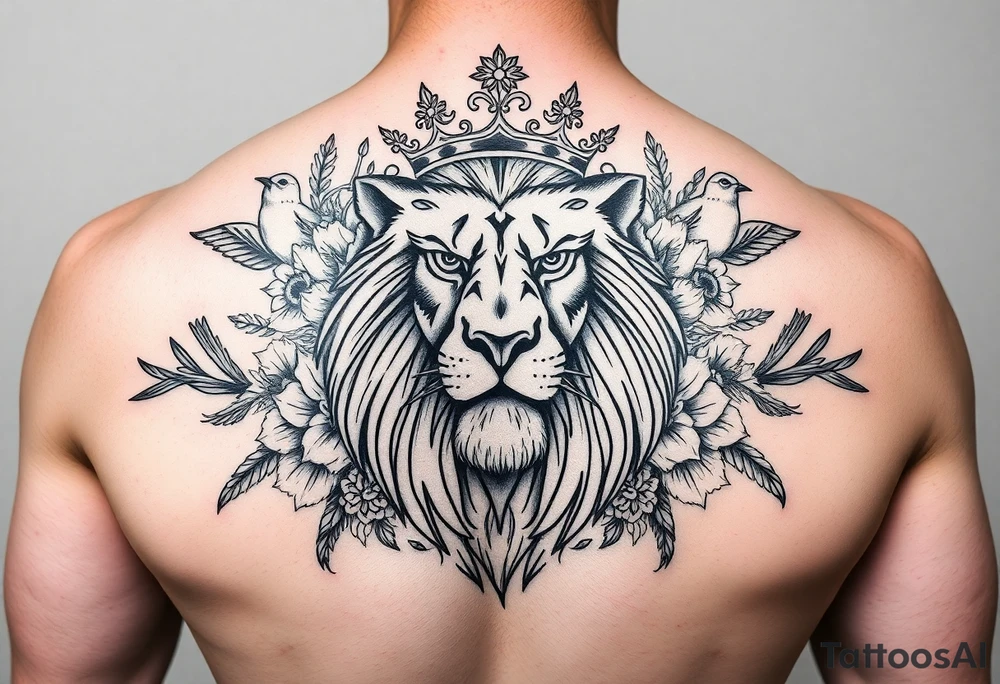 powerful majestic lion with a crown, surrounded by floral ornaments and birds tattoo idea