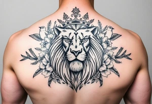 powerful majestic lion with a crown, surrounded by floral ornaments and birds tattoo idea