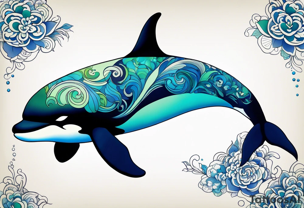 a killer whale with blues shades and light greens, minimalistic tattoo idea