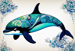 a killer whale with blues shades and light greens, minimalistic tattoo idea