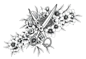 Ornate scissors and comb wrapped around flowers and hair tattoo idea