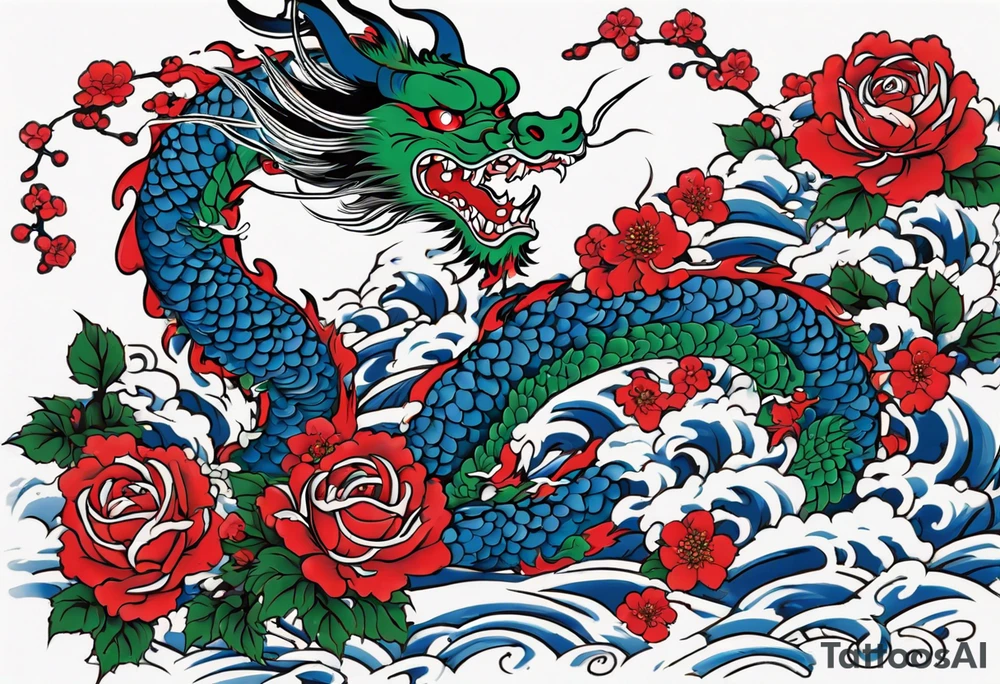 Japanese floral cherry blossom and irezumi back ground in blue porcelain China filler for a green traditional Chinese dragon and great waves and red rose and blue butterfly tattoo tattoo idea