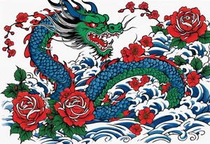 Japanese floral cherry blossom and irezumi back ground in blue porcelain China filler for a green traditional Chinese dragon and great waves and red rose and blue butterfly tattoo tattoo idea