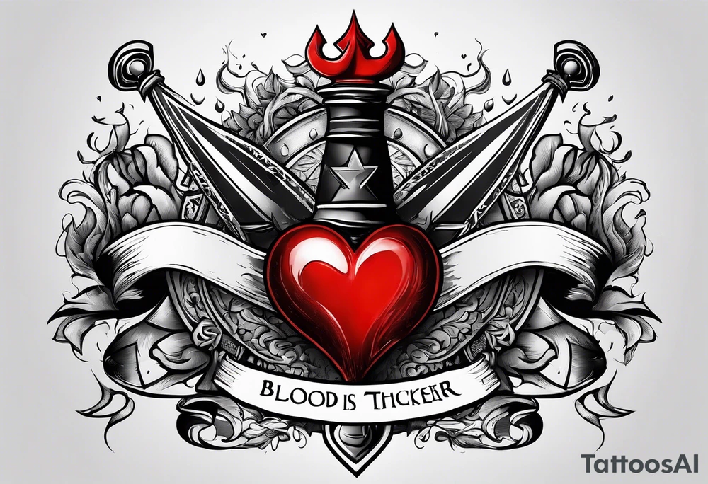 Heart pierced with daggers with a banner saying “blood is thicker than water “ tattoo idea