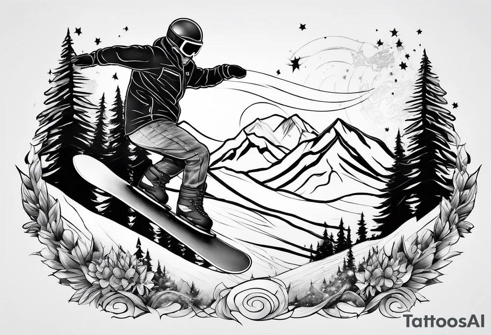 Fine line tattoo that depicts snowboarding tattoo idea