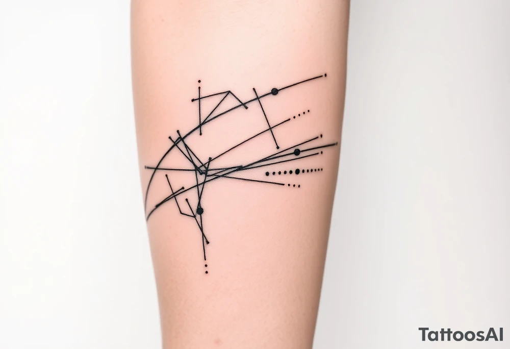 Abstract black line tattoo for a male, inner forearm wrapping the elbow.
Irregular broken lines, controlled sharp curves, sketch-like technical flow, minimal dot accents.
Raw, structured, non-delicate, inspired by motion traces.
Black ink only, no shading, realistic tattoo reference. tattoo idea
