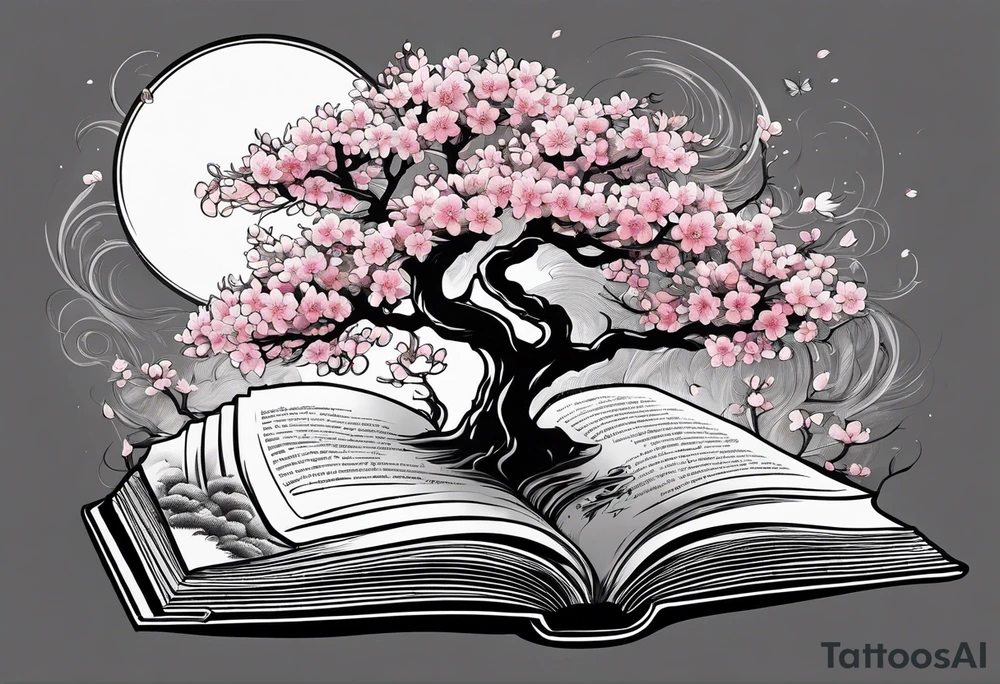 Cherry blossom tree growing out of an open book tattoo idea