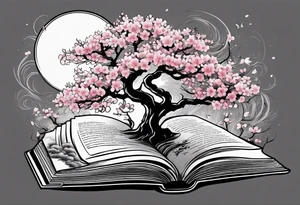 Cherry blossom tree growing out of an open book tattoo idea