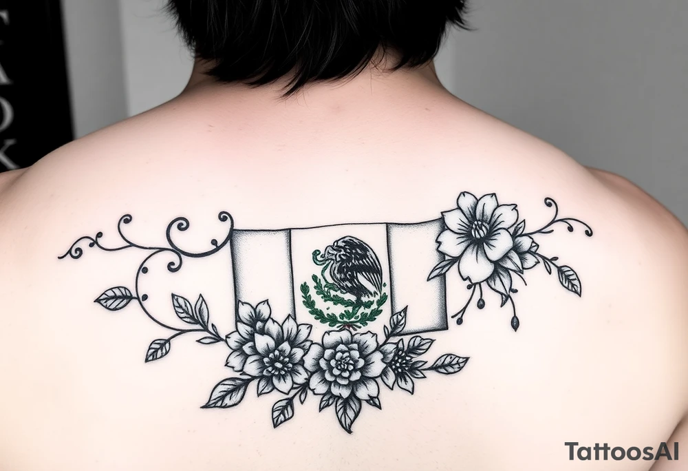 Small, feminine tattoo for placement on my clavical or lower back that reflects new life journey, delicate florals, ornaments and vines. Include Mexican flag and images of Mexican flowers. Style as if painted on a Mexican tile and include red, green and blue accents. tattoo idea